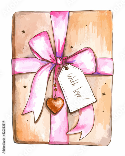 Hand drawn watercolor art. Retro vintage closed wrapped paper gift box with silk pink ribbon and bow. Surprise package for birthday or anniversary.