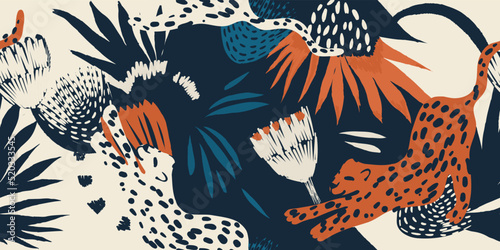 Hand drawn abstract exotic pattern with leopards. Ethnic style collage contemporary seamless pattern. Fashionable template for design.