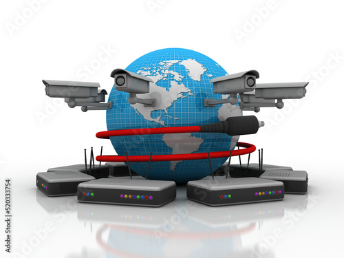 3d rendering aux cable with CCTV connected globe around modem WIFI
