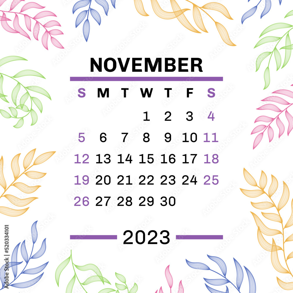November. Calendar 2023. Leaves. Vector leaf. Hand drawn repeating elements. Fashion design print. Natural background