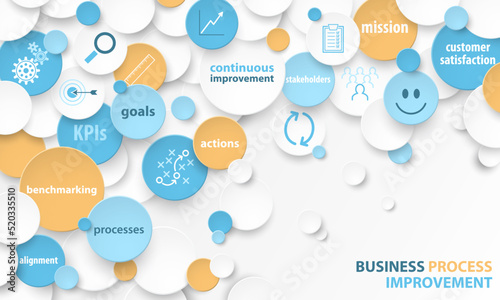 Colorful vector BUSINESS PROCESS IMPROVEMENT business concept with keywords and icons on white background