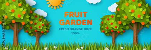 Fruit trees with ripe fruits, summer day in garden, harvest time. Vector illustration. Rural landscape cute funny cartoon design. Place for text. Border frame, sale promo card.