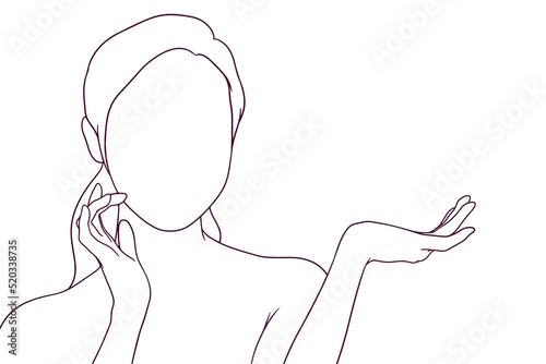 beautiful woman with open palm hand drawn style vector illustration