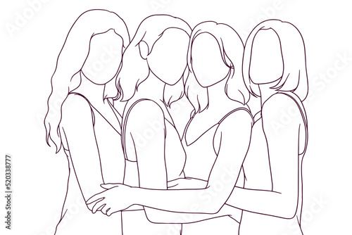 young girls hugging hand drawn style vector illustration
