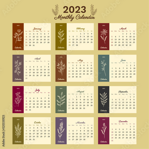 2023 monthly calendar template minimalist with floral botanical organic line art in earth tone