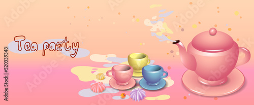 Bright doll cups and teapot. Tea party design template