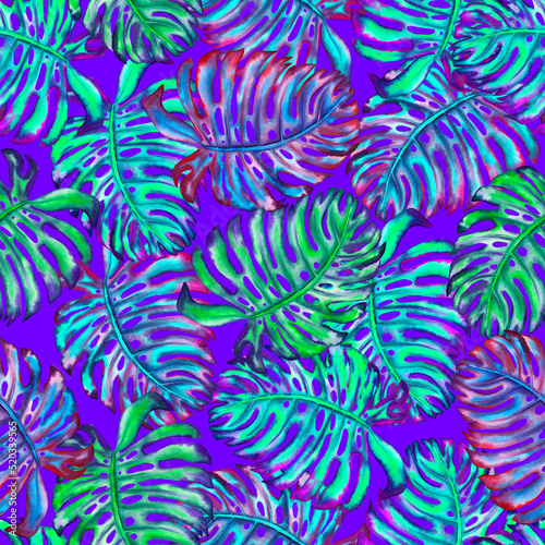 Monstera leaves seamless pattern. Neon disco colors endless background. Bright summer cyberpunk design. Psychedelic colors of the jungle plant. Ellectro jungle modern print. 