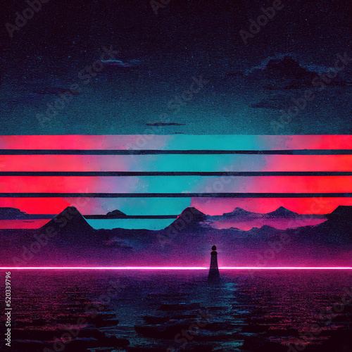 Futuristic synthwave neon background with ocean