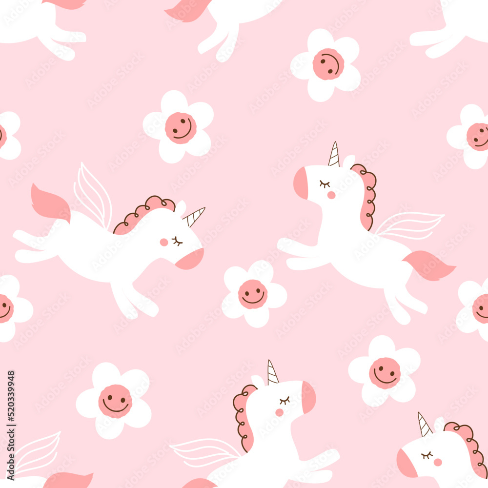 Seamless pattern with unicorn cartoons and daisy flower on pink background vector illustration. Cute childish print.