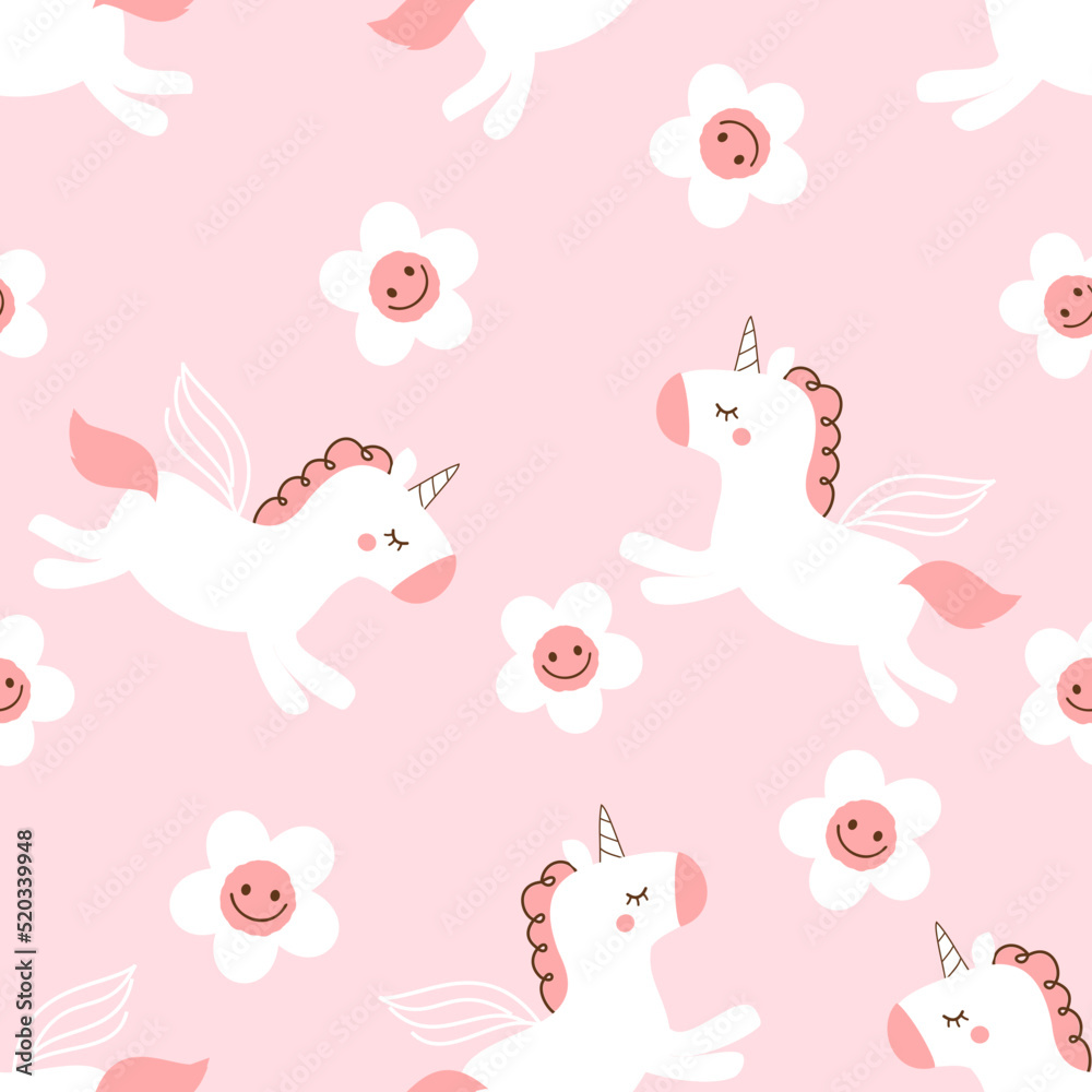 Seamless pattern with unicorn cartoons and daisy flower on pink background vector illustration. Cute childish print. Seamless pattern with unicorn cartoons and daisy flower on pink background vector illustration. Cute childish print.