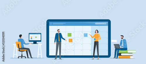 Flat vector illustration design Business online meeting planning concept and Business people team working with digital online calendar