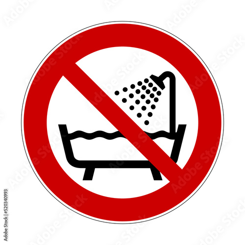 Do not use this unit in bath sign. Do not take bath symbol isolated on white background. Vector illustration of red crossed out circle prohibition sign with bathtub icon inside. No shower.