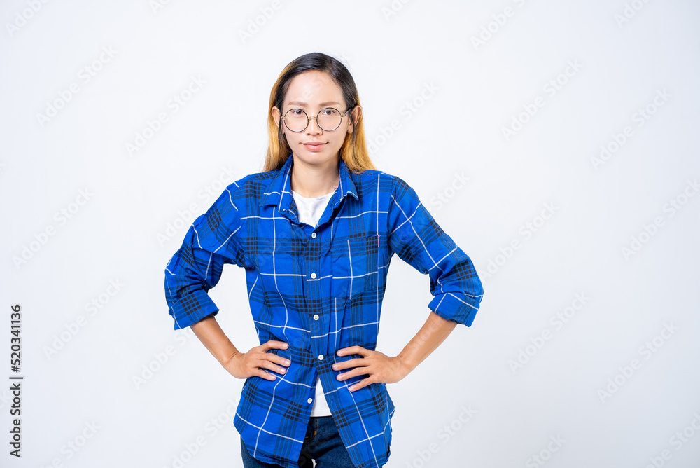Fototapeta premium Asian woman standing while looking at camera isolate on white background.
