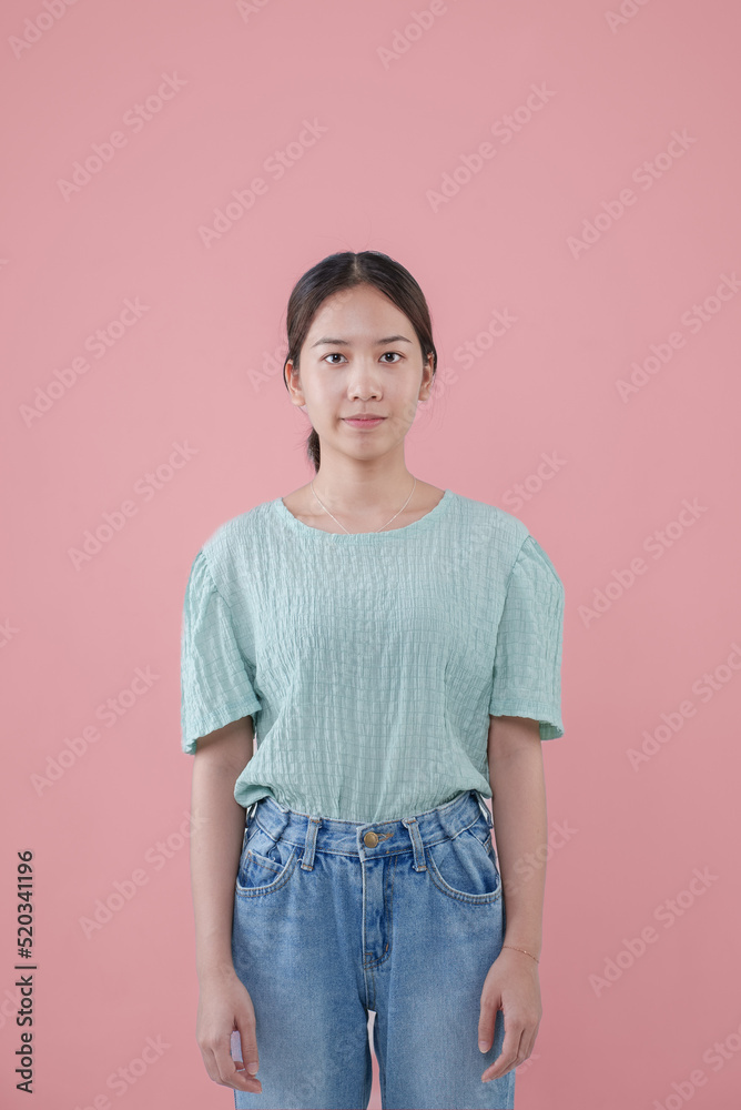 Young Asian student girl backpack pink background Young Asian student girl backpack pink background