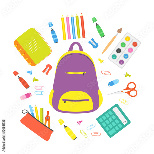 set of school backpack and stationery, flat style