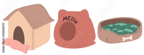 a set of beds for pets. cute beds for your favorite pets, cats and dogs, an assortment of goods in the pet store. flat illustration isolated on white background 