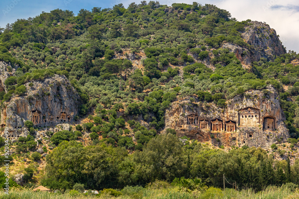 Lycian tombs of the city of the dead, carved into the rocks on the Anatolian coast of Turkey near the city of Fathiye