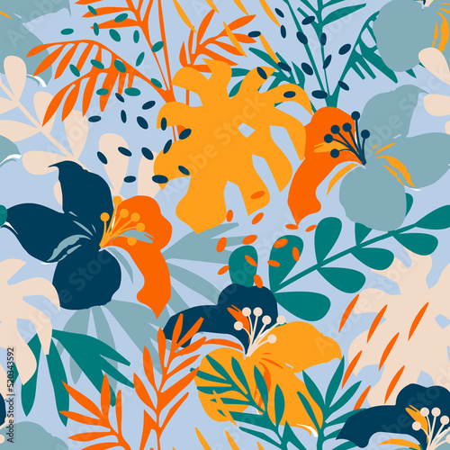 Colorful summer texture with tropical flowers and plants, raster version