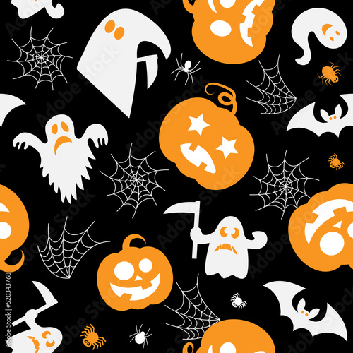 Halloween vector set. Pumpkin, bat, ghost. Simple seamless pattern