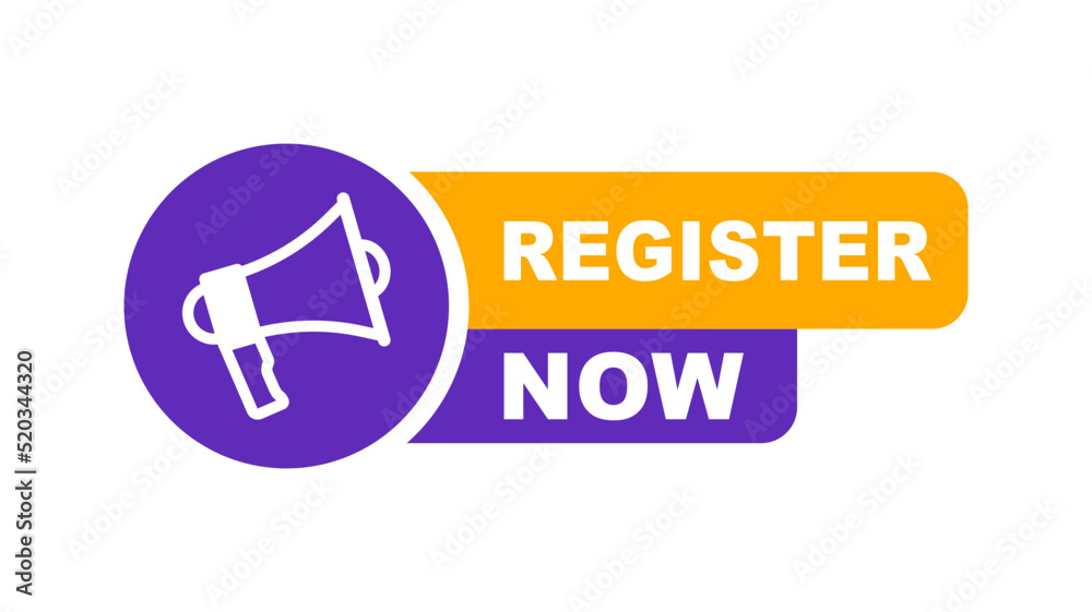 Register now label with megaphone. Badge for registration. Vector illustration. Register now label with megaphone. Badge for registration. Vector illustration.