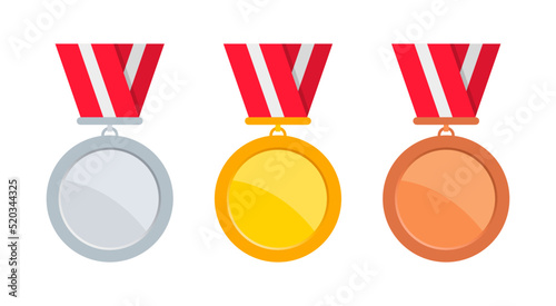 Medals set. Gold, silver and bronze medal with red ribbon. Champion medals for winners. Award and trophies. Vector illustration.