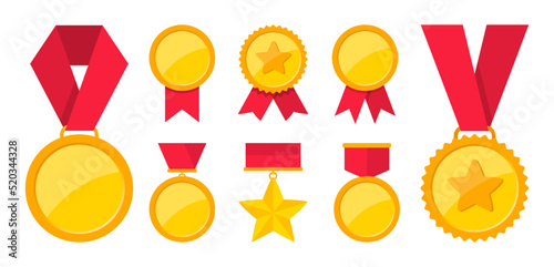Collection of golden medals. Awards and trophies with red ribbon. Champion medals for winners. Vector illustration.