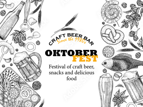 Vector illustration of Oktoberfest banner template in engraving style. Graphic linear cups and glasses of beer, hops, spikelets, pretzel, sausages, garlic, snack board, fish, sausages, chips, bottle