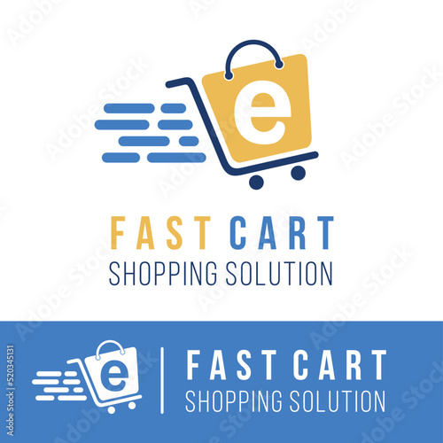 Initial e letter in trolley cart shopping logo with speed symbol for fast online shopping delivery logo concept