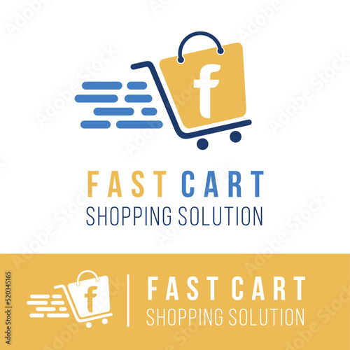 Initial f letter in trolley cart shopping logo with speed symbol for fast online shopping delivery logo concept