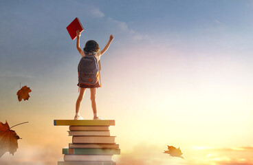 child on the tower of books