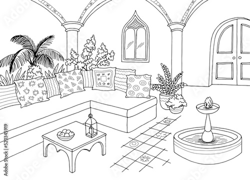 Arabic yard graphic black white interior sketch illustration vector 