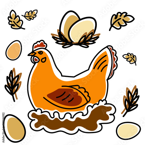 Set of hen with eggs and chicken, farming eco product symbol.