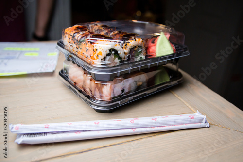 Sushi to go. Sushi in a plastic box.