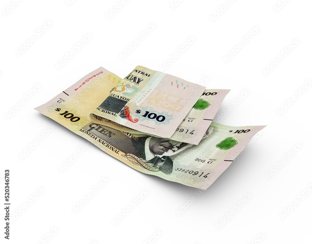 3D rendering of Double 100 Peso Uruguayo notes isolated on white background 3D rendering of Double 100 Peso Uruguayo notes isolated on white background
