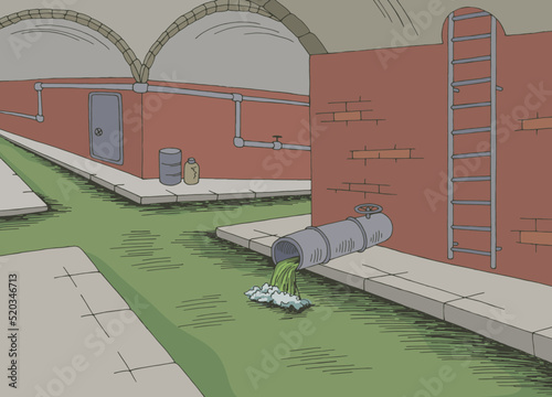Sewerage tunnel pipe system color interior sketch illustration vector