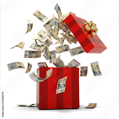 3D rendering of A lot of 100 Peso Uruguayo notes coming out of an opened red gift box