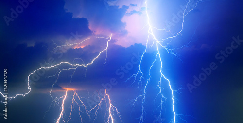 Schilderij op canvas Fork lightning striking down during summer storm