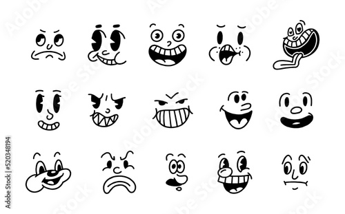 Smiley face retro emoji. Faces of cartoon characters from the 30s. Vintage comic smile vector illustration