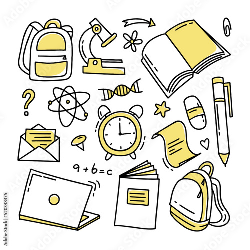 Back to school doodle set of elements. Vector illustration in line style.