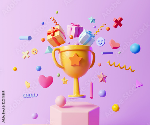 3D Trophy cup with floating gift, heart and geometric shapes on purple background, celebration, winner, champion and reward concept. 3d illustration photo