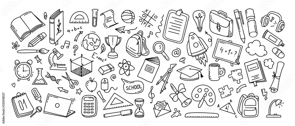 Back to school doodle a large set of elements. Vector illustration in line style. Back to school doodle a large set of elements. Vector illustration in line style.