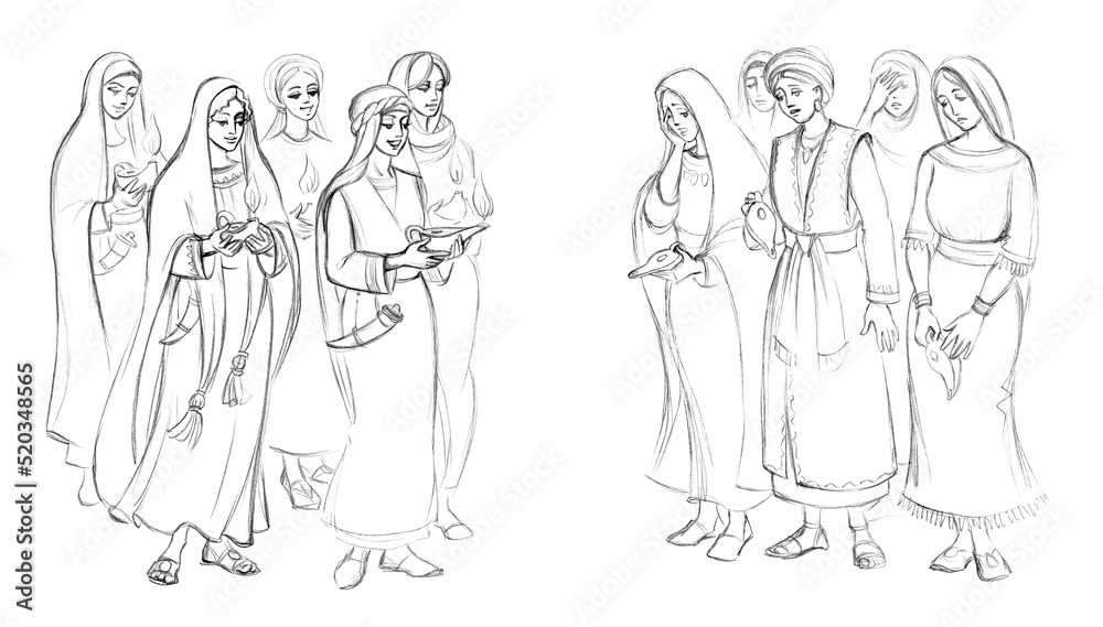 Five wise and five foolish virgins. Pencil drawing Five wise and five foolish virgins. Pencil drawing