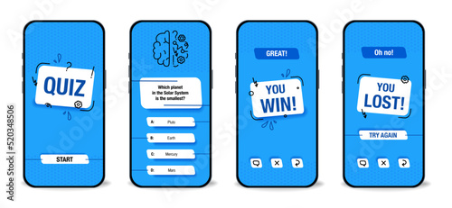 The template of the mobile application interface for the quiz on a blue background. Test, exam, questions and answers for a TV show. Vector illustration of EPS10