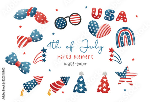 set of 4th of July America party element watercolor painting vector