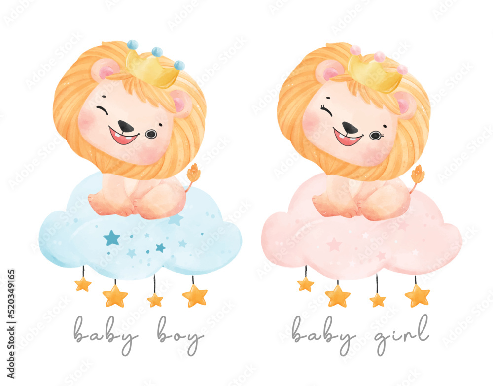 watercolor animal baby lion wearing crown baby boy blue and baby girl pink sweet nursery art illustration vector watercolor animal baby lion wearing crown baby boy blue and baby girl pink sweet nursery art illustration vector