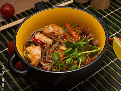 japanese buckwheat noodles soba with chicken and vegetables