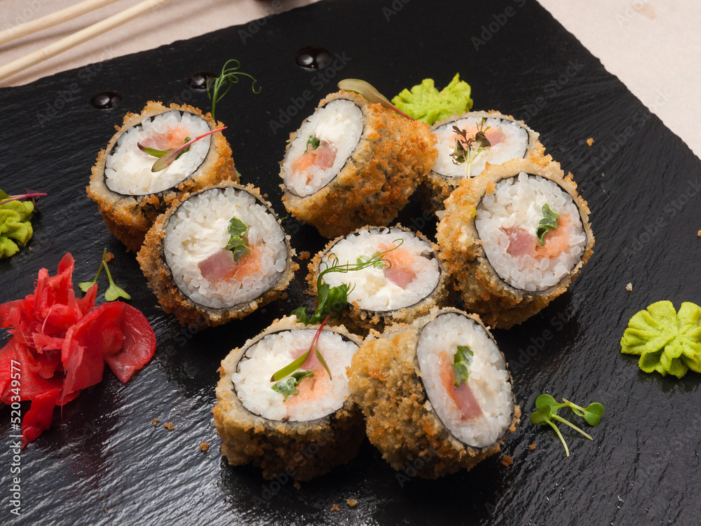 tempura rolls with salmon, tuna and cream cheese tempura rolls with salmon, tuna and cream cheese