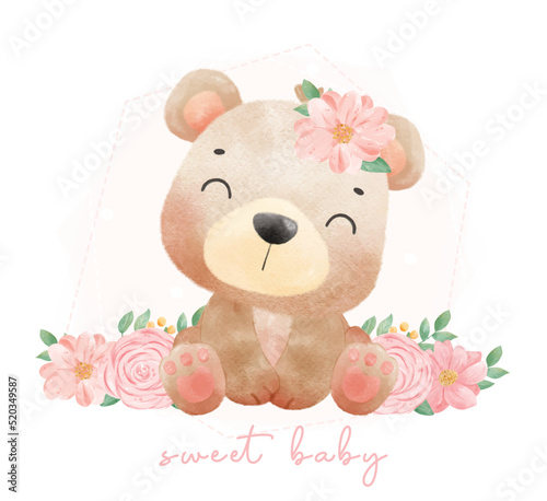 cute watercolor baby teddy bear with flowers, baby shower wildlife woodland nursery animal hand drawn painting illustration vector