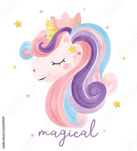 Cute watercolor magical purple Unicorn face, cartoon doodle vector illustration, nursery style