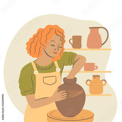 A woman ceramist works on a potter's wheel. Vector graphics.